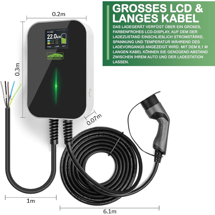 Трифазна зарядна станція для електромобілів ANFIL - зарядний пристрій за стандартом ЄС, IEC 62196-2 - з 6,1 м зарядного кабелю тип