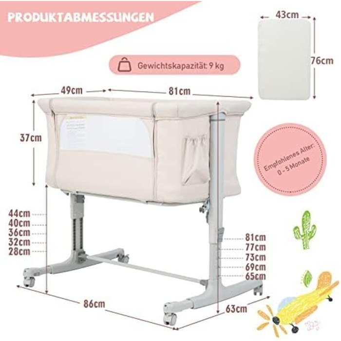 Дитяче ліжечко FANTASK 3-в-1, колиска та дорожнє ліжечко, 5-рівневе регульоване по висоті дитяче ліжечко, відкидне, бежевий колір