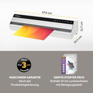 Ламінатор Fellowes Saturn A4 для офісу InstaHeat, час прогріву 60 секунд, усунення застрягання, автоматичне вимкнення для ламінату 80/100/125 мікрон включає 10 ламінаторів для дому та офісу (один)