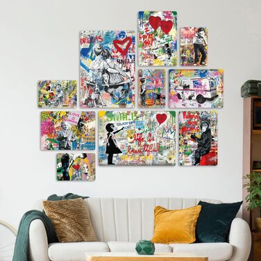 Набір з 10 багатокомпонентних картин - Бенксі - Стріт-арт 1 - Дерево МДФ - 2 x 42x29,7cm 4 x 29,7x21cm 4 x 214,85cm - Готові до пі