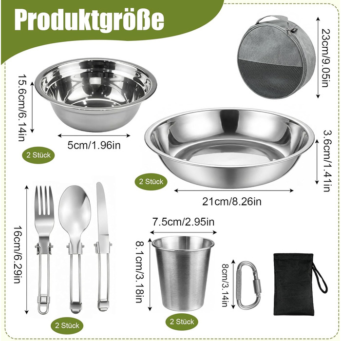 Набір посуду для кемпінгу на 2 особи - нержавіюча сталь 304, тарілки, миски, чашки та столові прибори, чохол та карабін, портативний посуд для пікніків, барбекю та відпочинку на природі (13 предметів)