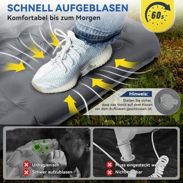 Килимок для сну HIKENTURE, 13 см ультратовстий кемпінговий килимок для сну з подушкою, надувний повітряний матрац, невеликий розмір упаковки, ультралегкий килимок для сну з ножним насосом для використання на свіжому повітрі, для походів, для намету, сірий