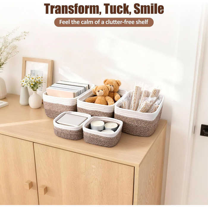 Невеликі кошики для зберігання з плетеної мотузки, 2 розміри, органайзер для шафи, полиці, книжкової полиці, дитячої кімнати, пеленального столика, тканинні коробки-кубики, прямокутні плоскі контейнери для ванної кімнати