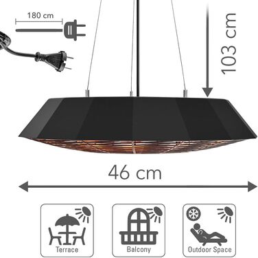 Інфрачервоний стельовий обігрівач TROTEC IR 2010 SC 2000 Вт, круговий обігрів 360, світлодіодне освітлення, захист від атмосферних впливів IP45, пульт дистанційного керування, алюмінієвий корпус, для патіо та ресторанів, 2000 Вт, чорний