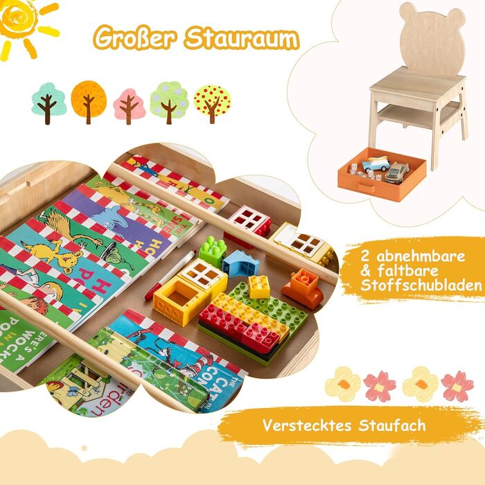 Дитячий стіл DREAMADE 3-в-1 з 2 стільцями, дерев&39яний дитячий комплект сидіння з двосторонньою магнітною дошкою, коробки для зберігання, спинки у формі ведмедика/робота, комплект дитячого столу та стільців, комплект меблів для дитячої кімнати (Ведмідь)