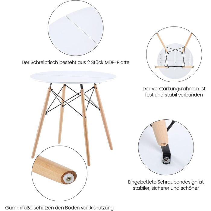 Невеликий обідній стіл HJ WeDoo, круглий обідній стіл, кухонний стіл 80x80x74 см, обідній стіл для кухні, їдальні, вітальні та офісу, білий