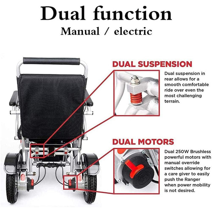 Інвалідне крісло, легке складане електричне крісло колісне, складне компактне допоміжне крісло колісне, електричне крісло колісне з подвійною батареєю та найбільшим радіусом дії