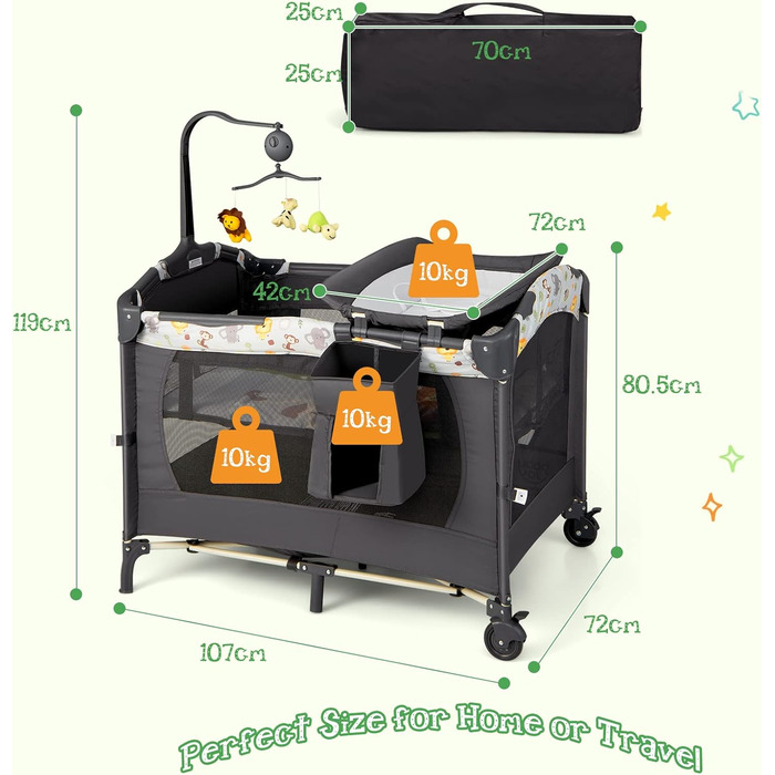 Складане дитяче ліжечко LIFEZEAL 4-в-1, приліжкове ліжечко 107 x 72 см з U-подібним тримачем для підгузків, регульоване по висоті дитяче дорожнє ліжечко, дитячий центр з музичним мобільним телефоном, дитяче дорожнє ліжечко з пеленальний килимок (сірий)