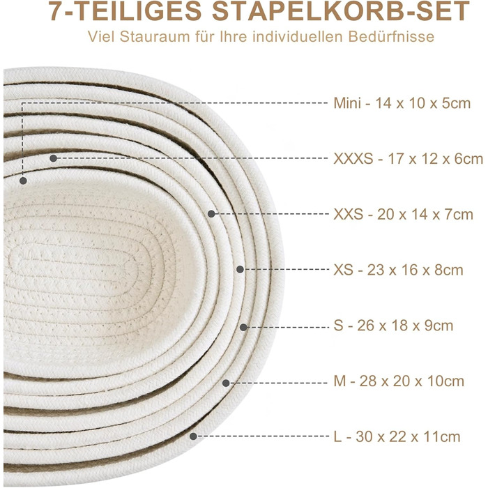 Кошик для зберігання Sagittar, набір із 7 предметів, виготовлений з бавовняної тканини ручного в&39язання, органайзер для одягу та іншого, плетений кошик з бавовняної мотузки для дитячої кімнати та вітальні, білий, 7 предметів