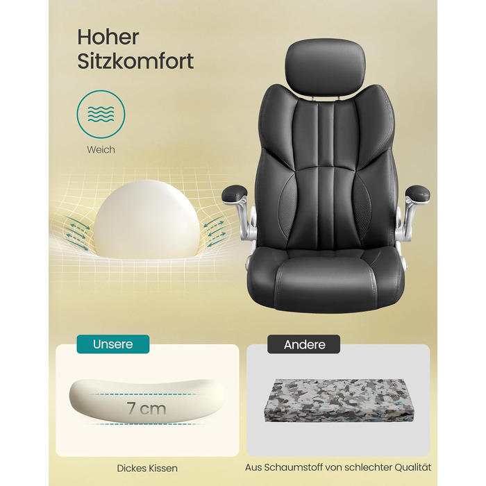 Офісне крісло SONGMICS, ігрове крісло, регульований підголівник, функція гойдання, письмове крісло, регульовані підлокітники, універсальні колеса, регульована висота, чорний колір OBG65BK