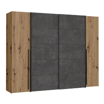 Шафа Forte Narago 270, шафа з розсувними дверима та дверцятами на петлях, дерев&39яний декор Artisan Oak у поєднанні з сірим кольором, 270,3 см завширшки x 210,5 см заввишки x 61,2 см завглибшки. Імітація дуба Artisan та темного бетону 270 x 210. Без дзер