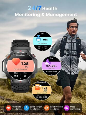 Смарт-годинник для чоловіків, військовий смарт-годинник 2026 року, спортивний годинник, фітнес-годинник 1,39 дюйма для Android та iOS, водонепроникний фітнес-трекер з функцією телефону/серцевий ритм/AI/ChatGPT/понад 100 спортивних режимів, класичний