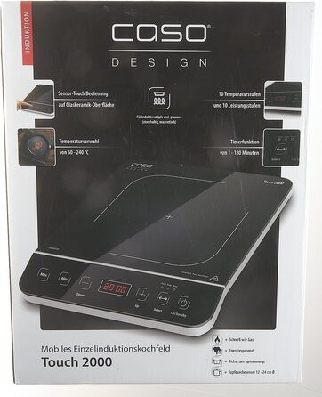 Одна індукційна варильна поверхня, 2000 Вт, автоматичне визначення горщика, 10 рівнів температури, 10 рівнів потужності, таймер до 180 хв, склокерамічна поверхня, температура приблизно 60 240 C Одинарна індукція Чорний, Сріблястий, 2000 -