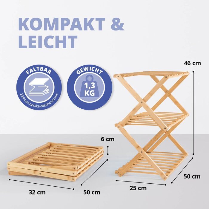 Бамбукова полиця Lumaland, 3 яруси, складна Бамбуковий органайзер ідеально підходить як полиця для взуття, у ванній кімнаті та на кухні Полиця для декоративних предметів компактна та не потребує складання 50 x 25 x 46 см, 3 яруси (50 x 25 x 46 см)