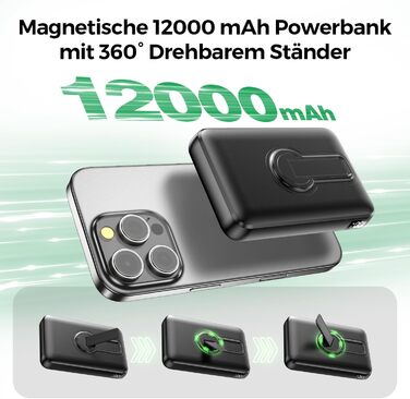Зовнішній зарядний пристрій MagSafe, магнітний зовнішній зарядний пристрій ємністю 12000 мАг з PD 22,5 Вт, бездротовий зарядний пристрій зі швидкою зарядкою, входом та виходом Type-C, світлодіодним індикатором для iPhone серії 17/16/15/14/13/12/Pro/Pro Ma