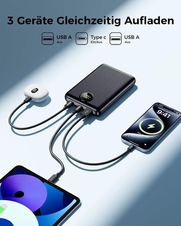 Зовнішній зарядний пристрій, міні-зовнішній зарядний пристрій 22,5 Вт 20000 мАг (вхід та вихід USB-C), зовнішній акумулятор для мобільних телефонів PD 3.0 QC 3.0 зі світлодіодним дисплеєм, сумісний з iPhone 16 15 14 13 чорний 20000 мАг