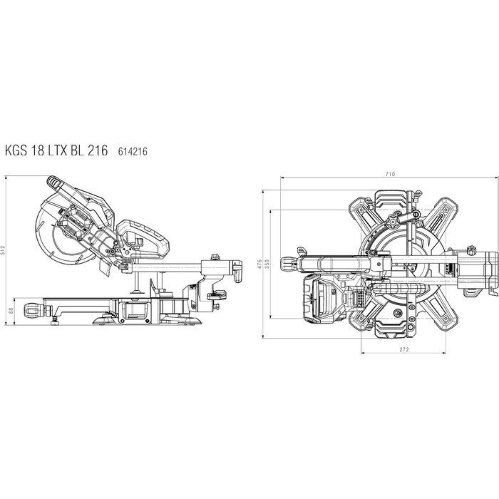 Акумуляторна поперечна пила Metabo KGS 18 LTX BL 216 (18V 4Ah Li-Power, зарядний пристрій ASC 55, коробка, з функцією протягування, клас M, пила) 614216920