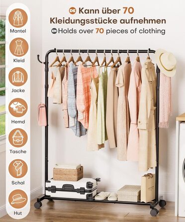 Багатофункціональна вішалка для одягу Yorbay з регульованою висотою на колесах міцна металева вішалка для одягу з полицею для багажу - компактна вішалка для одягу для спальні та пральні (117,5 см) чорного кольору 117,5 см