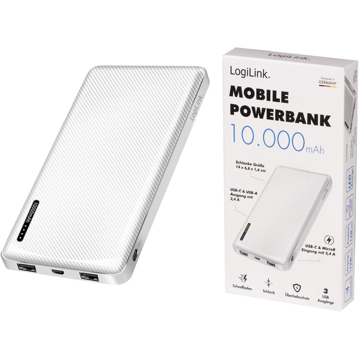 Для пристроїв) з функцією швидкої зарядки, USB-C Micro-USB (зарядка power bank), білий, 0328W - Powerbank 10000 mAh, 2 шт.