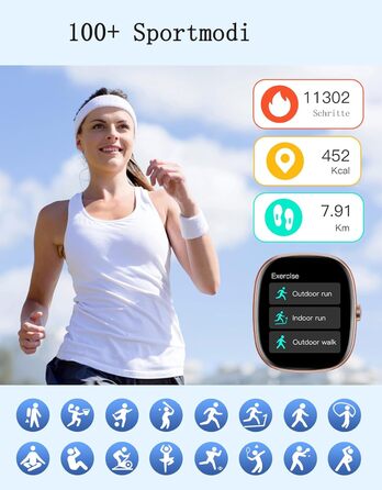 Жіночий смарт-годинник HUAKUA з функцією телефону, фітнес-годинник 1,85 дюйма з монітором серцевого ритму/монітором сну SpO2/100 спортивні режими, крокомір, водонепроникний фітнес-трекер IP68 для телефонів Android та iOS, рожеве золото