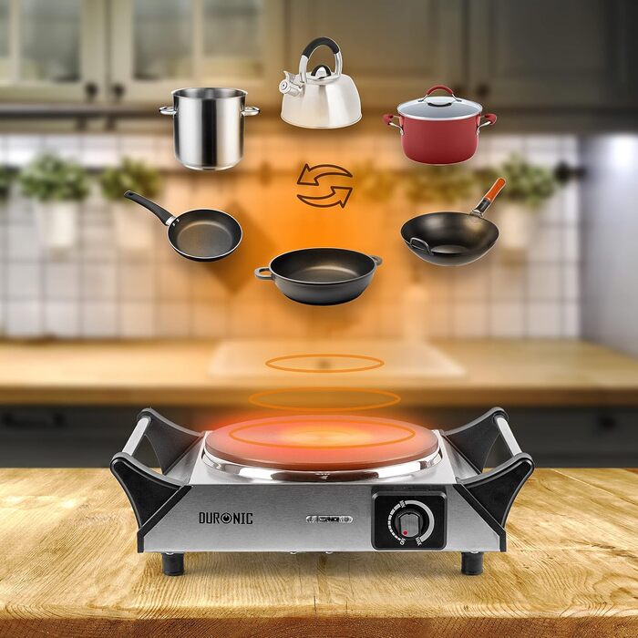 Гаряча плита Duronic HP1 SS електрична одинарна конфорка Плита Варильна поверхня з нержавіючої сталі нержавіюча сталь плавно регульована температура Ручки для перенесення 1500 Вт Кемпінг