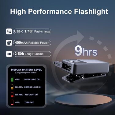 Акумуляторні бігові ліхтарі з USB-C, 3 рівні яскравості, покращені 2-в-1 ліхтарі з кліпсою, водонепроникні компактні світлодіодні ліхтарі IPX7 для вечірніх прогулянок, бігу, роботи, кемпінгу (чорний) дизайн, 2