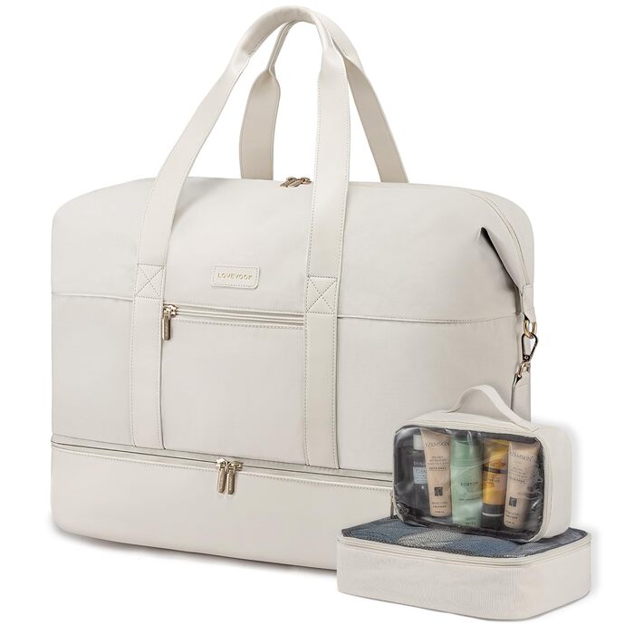 Дорожня сумка LOVEVOOK Weekender для жінок, спортивна сумка, ручна поклажа, велика лікарняна сумка, сумка для пологів, дорожня сумка, спортивна сумка з косметички та відділенням для взуття для авіаперельотів, бежева, 50x38x25 см