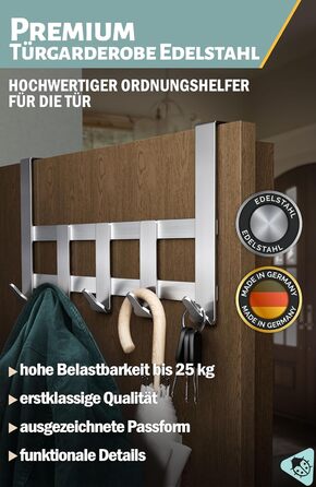 Вішалка для верхнього одягу Menz Premium, 5 гачків - Вішалка для верхнього одягу з нержавіючої сталі, надзвичайно міцні дверні гач