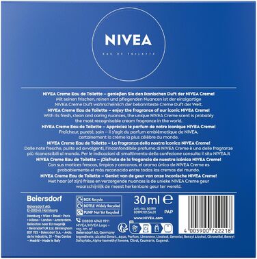 Туалетна вода NIVEA Creme, парфуми з культовим ароматом NIVEA Creme, свіжим та ніжним унісекс-ароматом у культовому флаконі (30 мл)