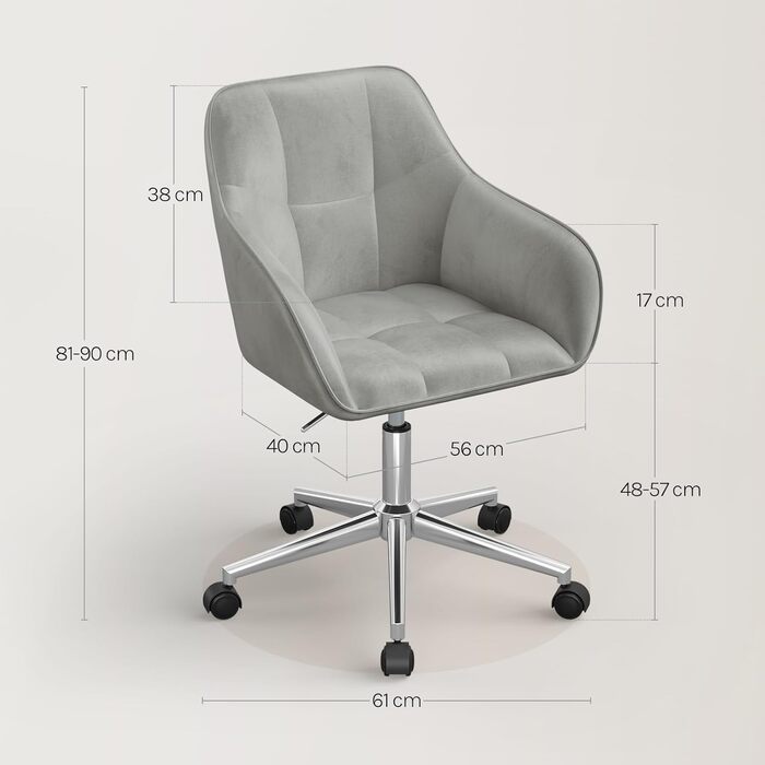 Крісло для домашнього офісу WOLTU, стілець для столу, обертове крісло, туалетний стілець, регульована висота, вантажопідйомність до 150 кг, з підлокітниками, оксамитове сидіння, для спальні, офісу, вітальні, світло-сірий BS145hgr світло-сірий оксамит