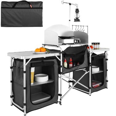 Кухонний стіл VEVOR для кемпінгу, складаний стіл для приготування їжі на відкритому повітрі з сумкою для зберігання, алюмінієва кухонна станція з 3 шафами та знімним вітровим склоочисом, швидке налаштування для пікніків тощо. Чорний, 3 шафи