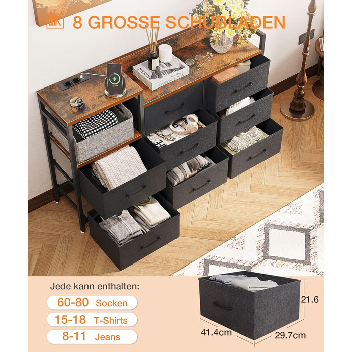 Комод ODK з висувними шухлядами, 2 порти USB та 2 порти змінного струму, 8 тканинних шухляд - підходить для багатофункціонального зберігання речей у спальнях та вітальнях, 132 * 30 * 88 см, вінтажний та чорний