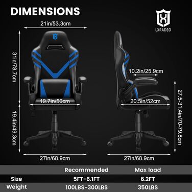 Ергономічне ігрове крісло з масажною поперековою подушкою, офісне крісло для ПК в гоночному стилі зі штучної шкіри, ігрове крісло з підлокітниками, вантажопідйомність до 159 кг, синій колір