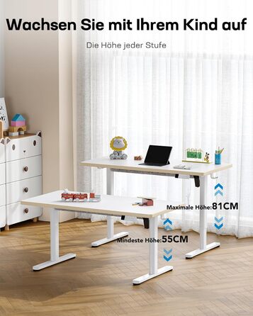 Дитячий електричний стіл HUANUO, регульований по висоті, 120 x 60 см, стіл з регульованою висотою, вся стільниця з 3 попередньо встановленими рівнями висоти, білий, 120 x 60 см