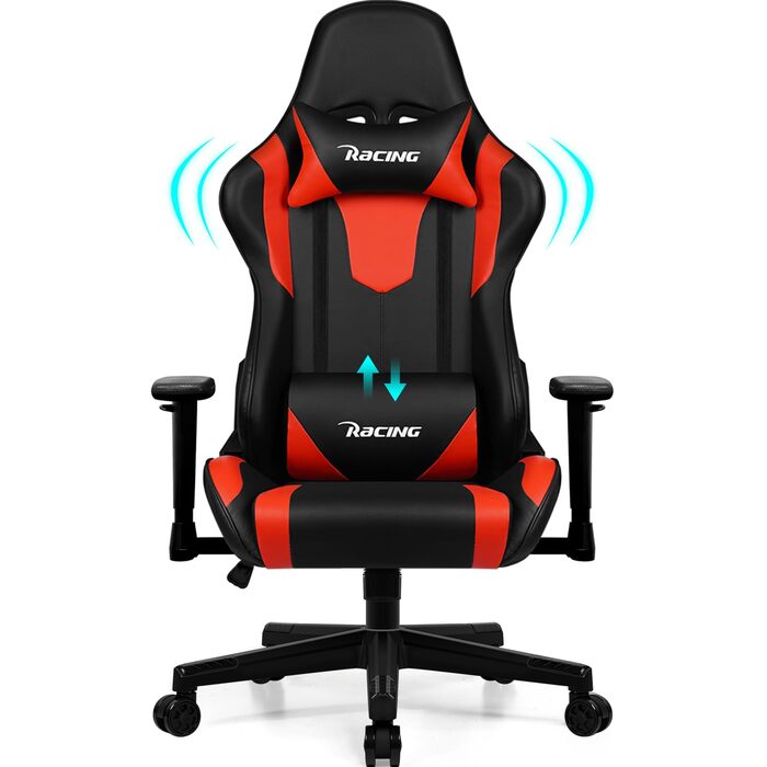 Геймерське крісло, ергономічне офісне крісло з регульованою поперековою опорою, підголівником та підлокітниками, м&39яке ігрове крісло, функція гойдання, вантажопідйомність 150 кг, червоне