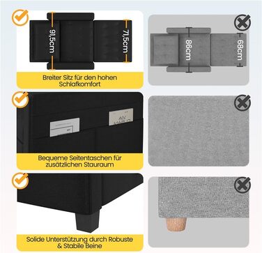Крісло-ліжко Yaheetech з функцією ліжка 3-в-1, розкладний диван-ліжко, трансформоване крісло-ліжко, регульоване одномісне крісло з бічною кишенею, спальна зона 190 x 71,5 см, для невеликих приміщень, чорний колір