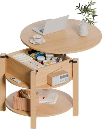 Круглий журнальний столик ELUCHANG з підйомною стільницею, журнальний столик 2-в-1 з регульованою висотою, бічний столик/стіл для вітальні з прихованим відділенням для зберігання, відкритий відсік, для вітальні/офісу, 60x60 см, дуб 60*60*48 см дуб