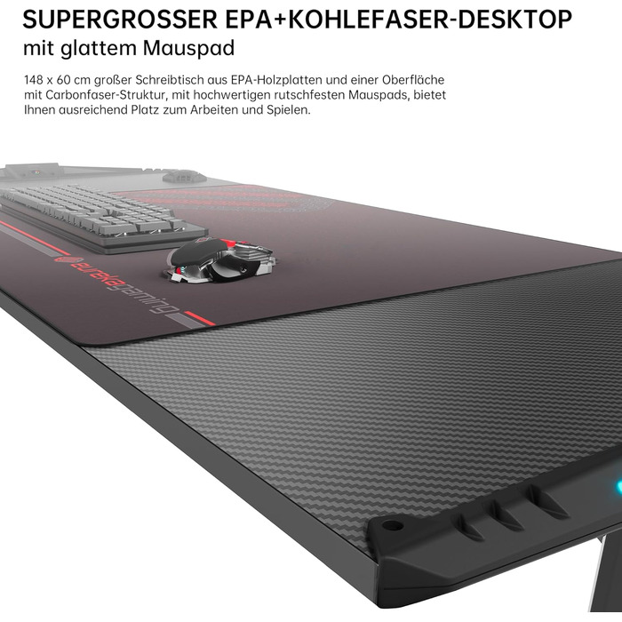 Ігровий стіл EUREKA ERGONOMIC, 140 x 60 см, МДФ / сталь / вуглецеве волокно, чорний