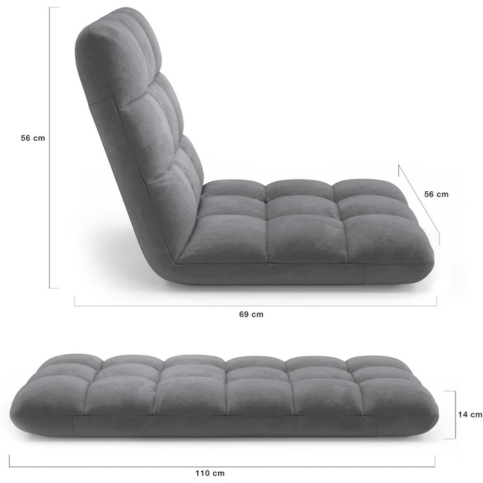 Розкладне підлогове крісло Garance на 15 позицій, велюр, антрацитово-сірий колір