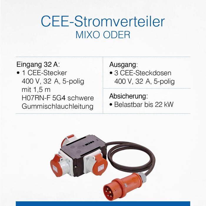 Як - Розподільна коробка високої напруги Schwabe MIXO штекер CEE 400 В/32 А/5-контактний, приблизно 22 кВт - кабель 1,5 м - 3 розетки CEE 400 В 32 А, 5-контактні - електростанція - для зовнішнього використання Зроблено в Німеччині IP44, 60529 MIXO OR Вхід