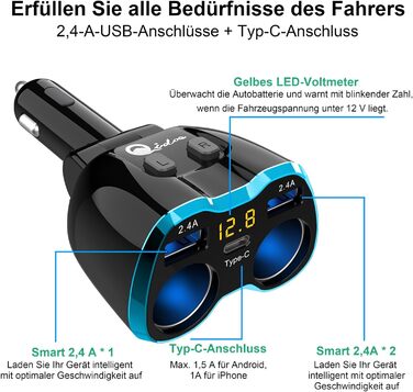 Автомобільний зарядний пристрій 5-в-1 адаптер розподільника прикурювача Розгалужувач 12 В USB C Автомобільна розетка 2 відділення 12 В постійного струму 80 Вт зі світлодіодним перемикачем вольтметра Подвійний USB для мобільного телефону GPS відеореєстрато