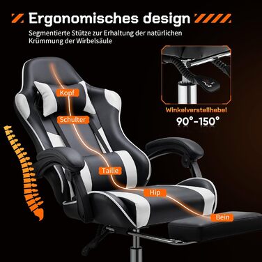 Ігрове крісло Sweetcrispy, ергономічне офісне крісло з підставкою для ніг, ігрове ПК-крісло з підголівником та поперековою опорою, регульоване на 90-150, шкіряне поворотне робоче крісло, комп&39ютерне крісло, біле