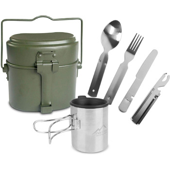 Похідний набір посуду у військовому стилі каструля Бундесверу, 5-предметний столовий набір та чашка з відкидною ручкою та кришкою. Іржавісткий, термостійкий, колір оливковий.