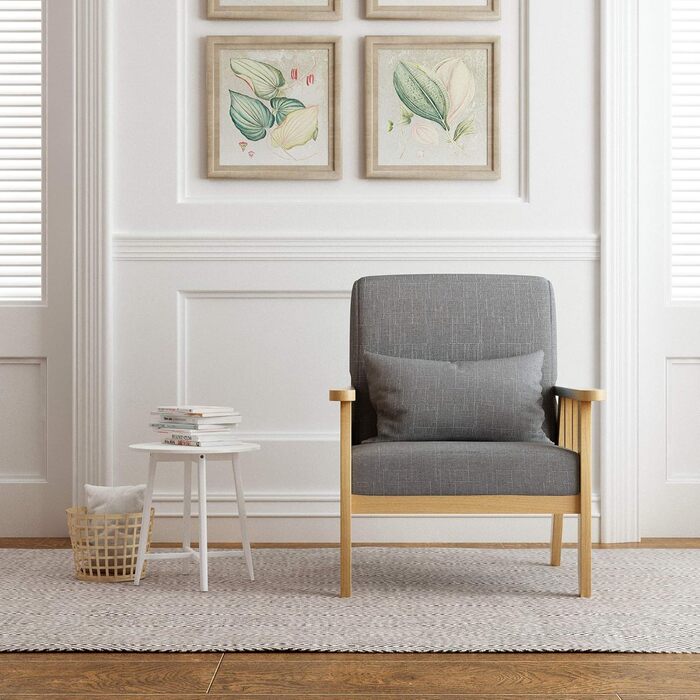 Крісло Mondeer з льону, каркас з масиву дерева, ретро-стиль з подушками для спальні, вітальні, балкону, офісу, темно-сіре, 64 Г x 64 Ш x 73 В см, 1 місце, темно-сіре