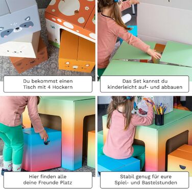 Дитячий комплект сидіння 60 x 60 x 55 см з картону, складаний дитячий стіл зі стільцями, комплект дитячих меблів 1 стіл та 4 дитячі стільці - Дитячий комплект сидіння &quotВеселка&quot