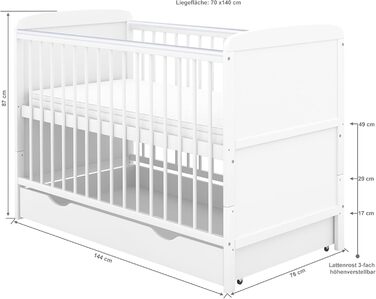 Дитяче ліжечко 70x140 см біле, що трансформується в дитяче ліжко &quotНаталі&quot з шухлядою та матрацом з прорізувачами