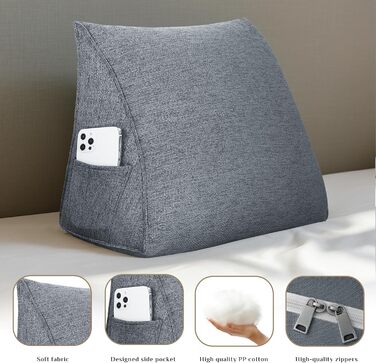 Ортопедична клиноподібна подушка - Ергономічна спинна подушка для ліжка та дивана зі знімним чохлом, ідеально підходить як подушка для читання та спинка (темно-сіра, 45x20x35 см)