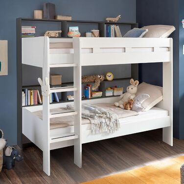 Сучасне ліжко-горище зі сходами та двома поверхнями для лежання 90 x 200 см - Компактне дитяче двоярусне ліжко білого/антрацитовог