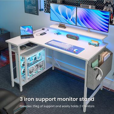 Г-подібний ігровий стіл зі світлодіодним підсвічуванням та розетками, 140 x 80 см, кутовий комп&39ютерний стіл з сумкою для зберігання, регульованими полицями та великою підставкою для монітора, для домашнього офісу, білий колір 140 x 80 см