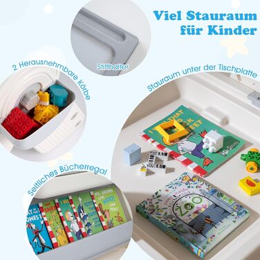 В-1 Багатофункціональний дитячий стіл зі стільцем, складний дитячий комплект сидіння з двосторонньою стільницею, 2 кошики, відділення для олівців та книжкова полиця, робочий столик для дітей від 18 місяців (сірий), 9-